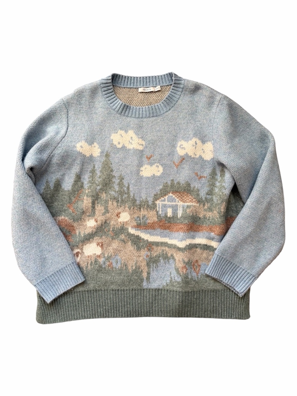 Ricki’s Scenic Landscape Sweater Blue Cottagecore Knit Granola Gorpcore Crunchy